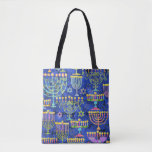 Chic Blue Gold Menorah Star of David Hanukkah Tote Bag<br><div class="desc">This holiday tote bag features a chic pattern of gold,  green and purple menorah and gold Star of David on a blue background. Designed by world renowned artist Tim Coffey.</div>