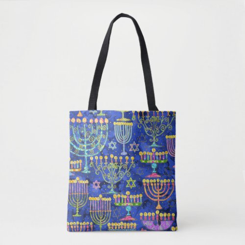 Chic Blue Gold Menorah Star of David Hanukkah Tote Bag