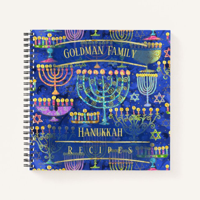 Chic Blue Gold Menorah Star of David Recipe Notebook (Front)