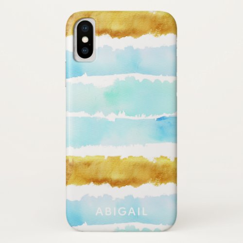 Chic Blue  Gold Painted Watercolor Monogram iPhone XS Case