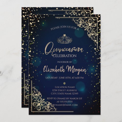 Chic Blue Gold TiaraDiamonds Quinceaera Invitation