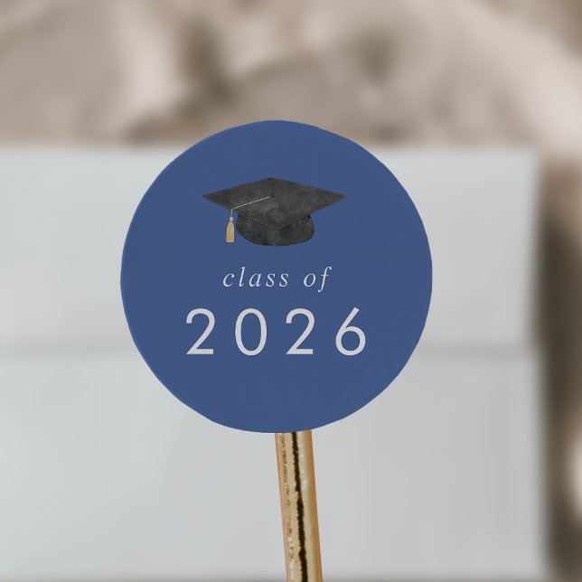 Chic Blue Grad Cap Class of 2026 Graduation Classic Round Sticker (Chic Blue Grad Cap Class of 2026 Graduation Classic Round Sticker)