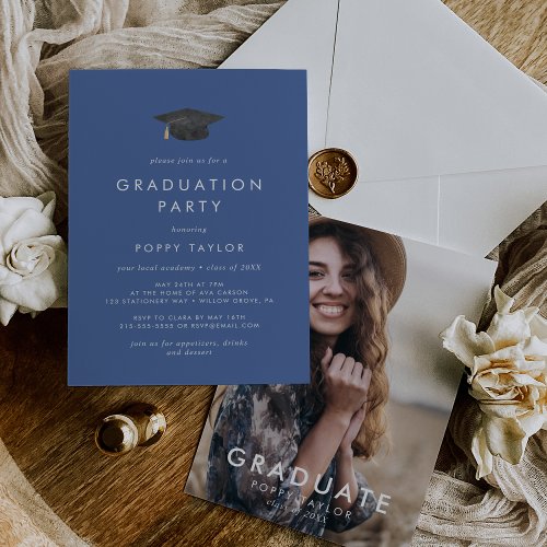 Chic Blue Grad Cap Photo Graduation Party Invitation