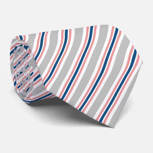 Chic Blue Gray Blush Pink White Stripes Pattern Neck Tie (Rolled)