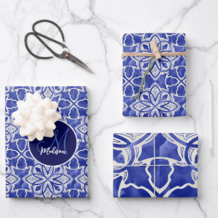 Chic Blue Gray Monogram Initials Family Name Wrapping Paper Sheets