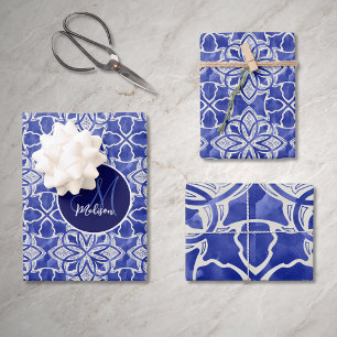Chic Blue Gray Monogram Initials Family Name Wrapping Paper Sheets