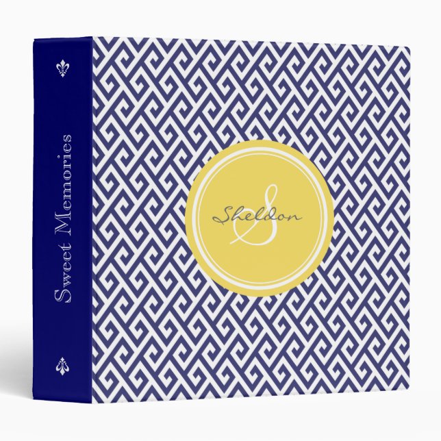 Chic blue greek key geometric patterns monogram binder (Front/Spine)