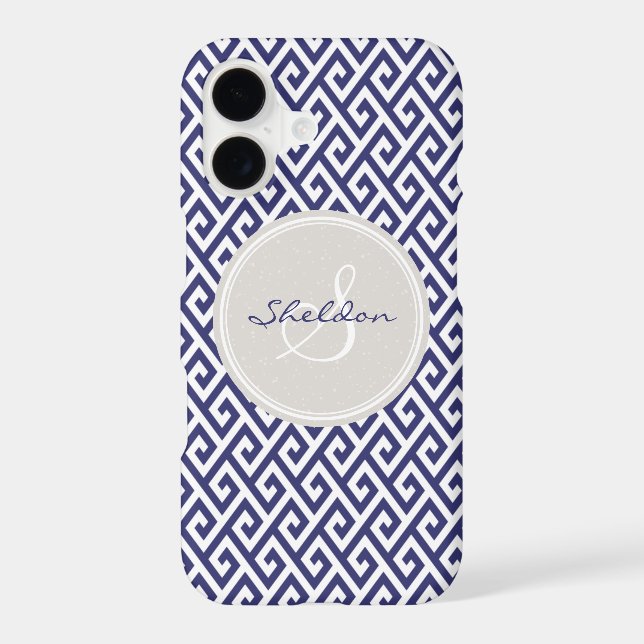 Chic blue greek key geometric patterns monogram iphone case (Back)