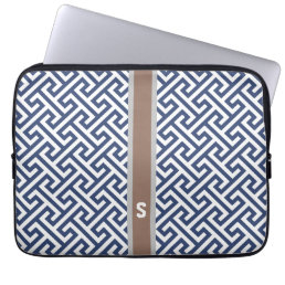 Chic blue greek key geometric patterns monogram laptop sleeve