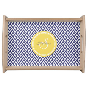 Chic blue greek key geometric patterns monogram serving tray