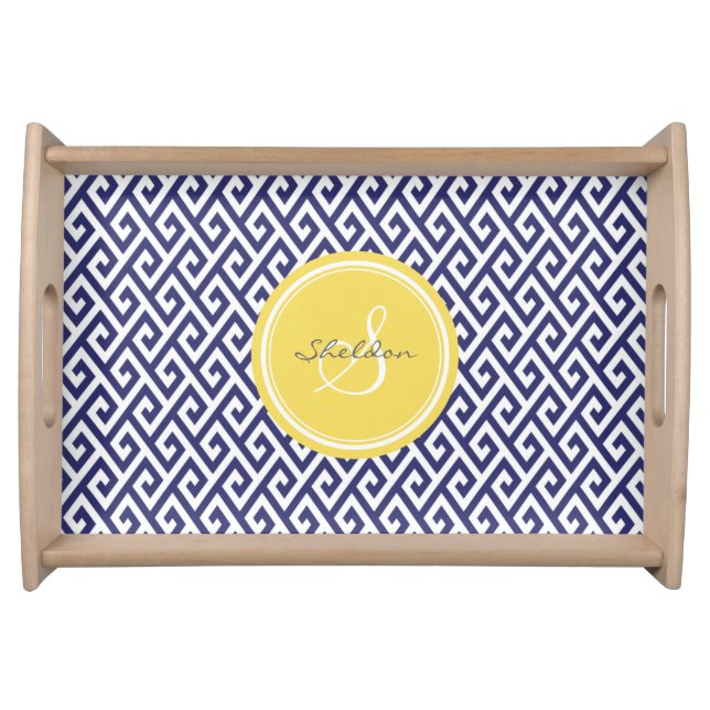 Chic blue greek key geometric patterns monogram serving tray (Front)