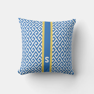 Chic blue greek key geometric patterns monogram throw pillow