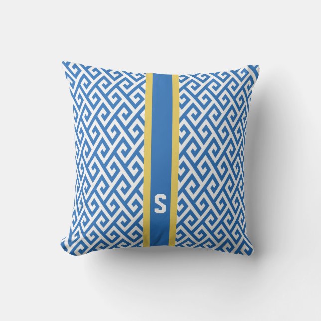 Chic blue greek key geometric patterns monogram throw pillow (Front)