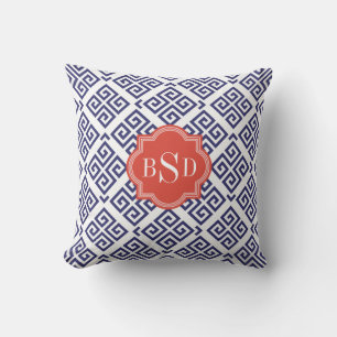 Chic blue greek key geometric patterns monogram throw pillow