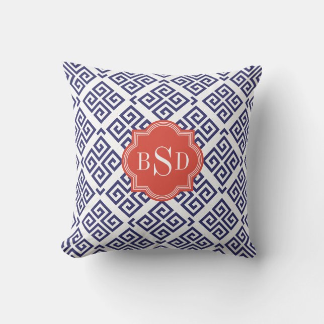Chic blue greek key geometric patterns monogram throw pillow (Front)