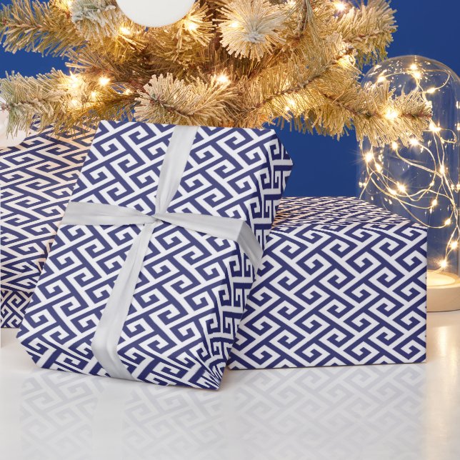 Chic blue greek key geometric patterns monogram wrapping paper (Holidays)