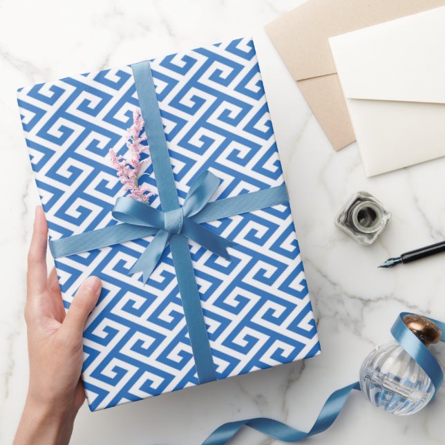 Chic blue greek key geometric patterns monogram wrapping paper (Gifting)
