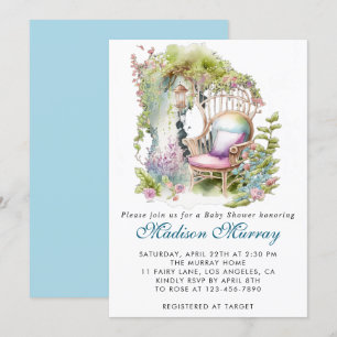 Chic Blue & Green Floral Garden Chair Baby Shower Invitation