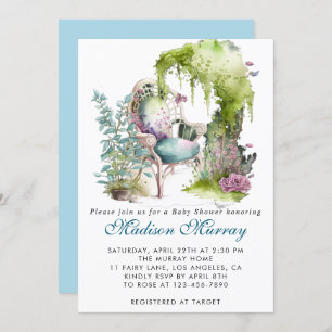 Chic Blue & Green Floral Garden Chair Baby Shower Invitation