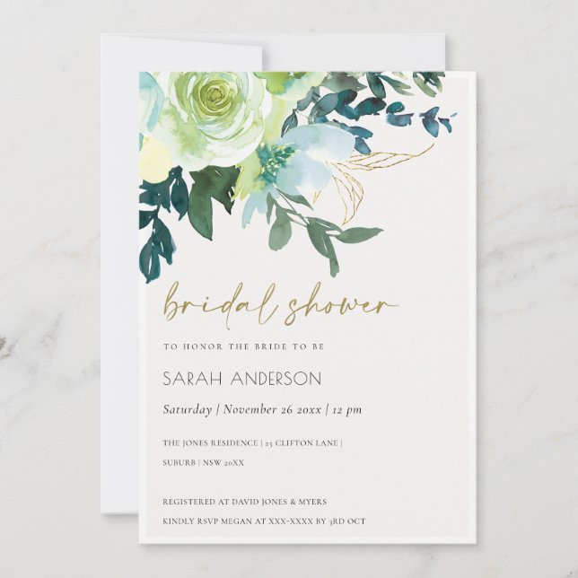 Chic Blue Green Floral Leafy Bridal Shower Invite (Front)