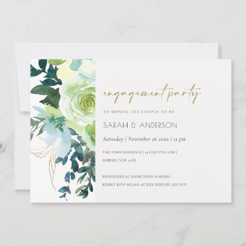 Chic Blue Green Floral Leafy Engagement Invite