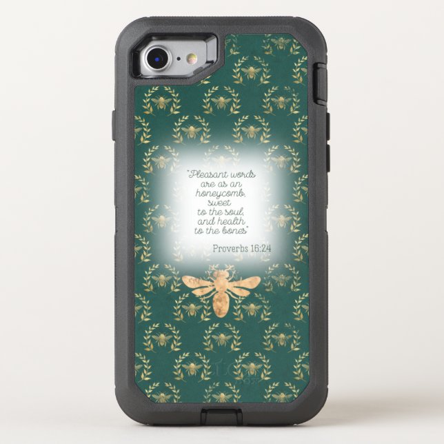 Chic Blue Green Gold Bee Wreath Grid Scripture  Otterbox iPhone Case (Back)