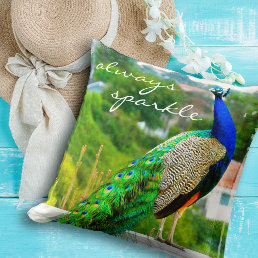 Chic Blue Green Peacock Photo Always Sparkle  Throw Pillow