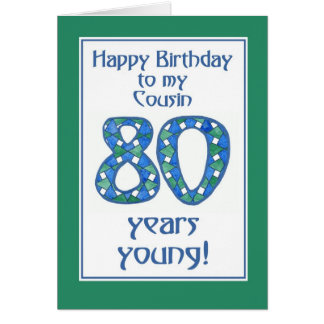 Chic Blue, Green, White 80th Birthday for Cousin Cards