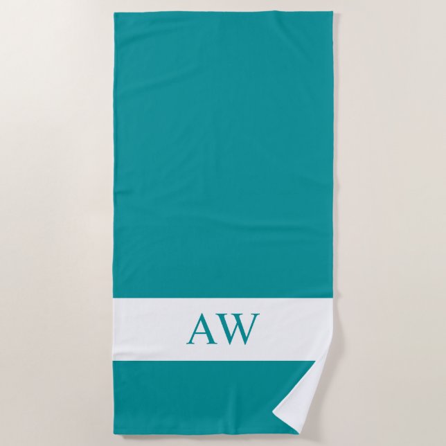 Chic Blue Green White Monogrammed Beach Towel (Front)