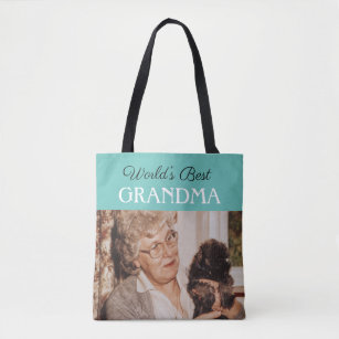 Chic Blue Green World’s Best Grandma Custom Photo Tote Bag