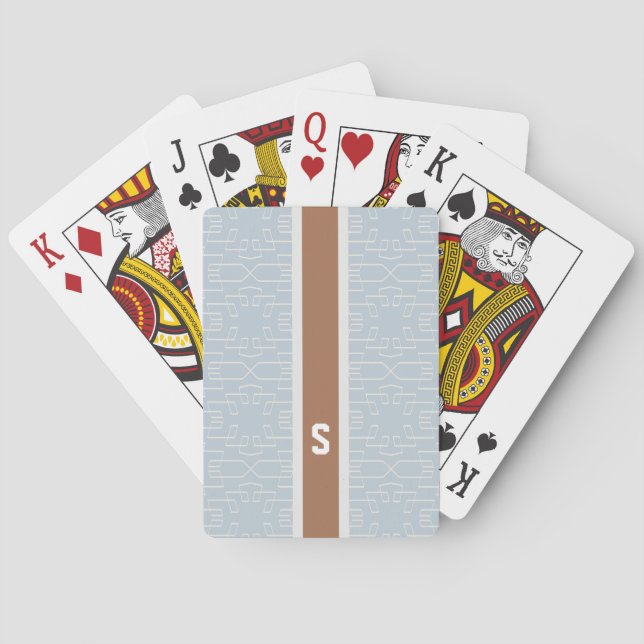 Chic blue grey abstract geometric pattern monogram poker cards (Back)