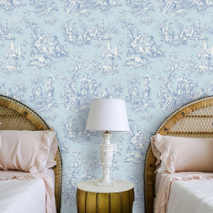 Chic Blue Grey Vintage Toile de Jouy Scenic Wallpaper