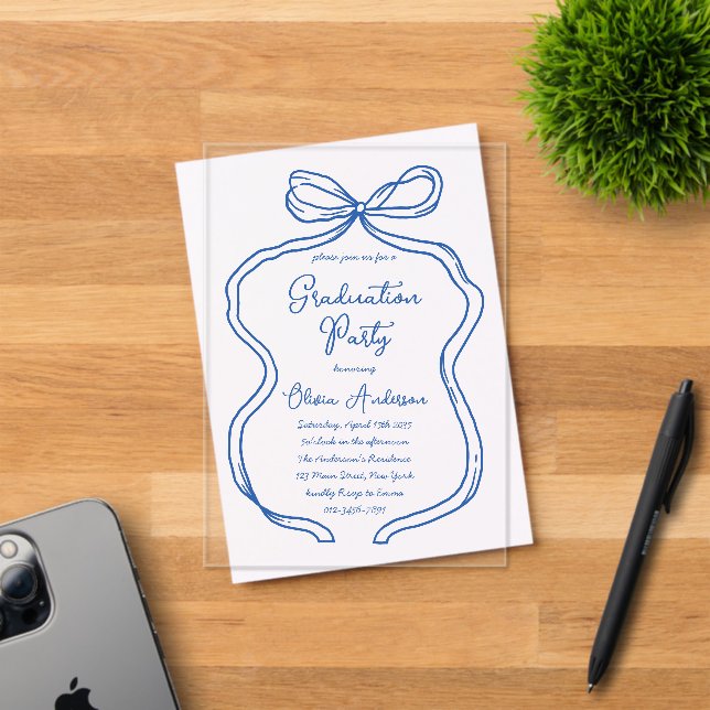Chic Blue Hand Drawn Bow & Script Graduation Party Acrylic Invitations (Insitu (Invitation Card))