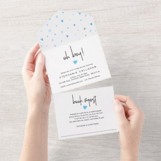 Chic Blue Heart Boy Baby Shower And Book Request All In One Invitation