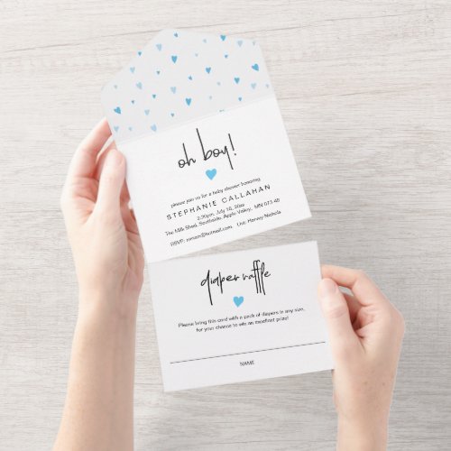 Chic Blue Heart Boy Baby Shower And Diaper Raffle All In One Invitation