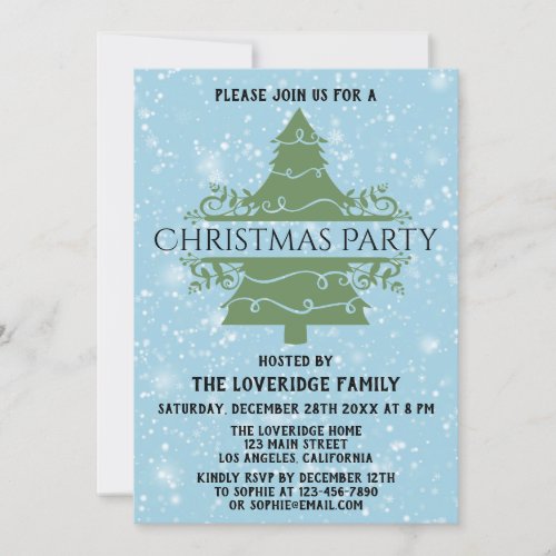 Chic Blue Holiday Christmas Party Snowflakes Tree Invitation
