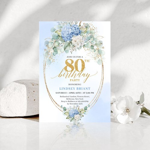 Chic Blue Hydrangea Eucalyptus 80th Birthday Invit