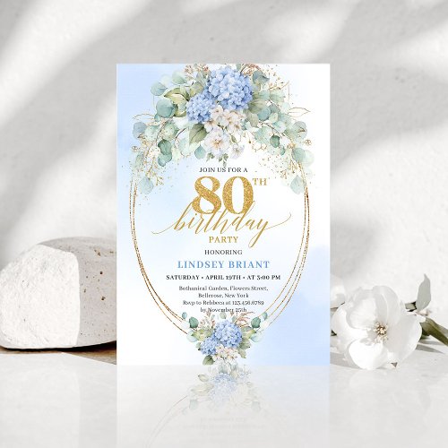 Chic Blue Hydrangea Eucalyptus Gold 80th Birthday 
