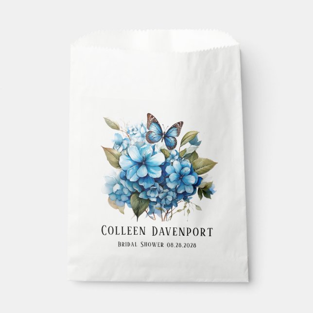 Chic Blue Hydrangea Floral Butterfly Bridal Shower Favor Bag (Front)