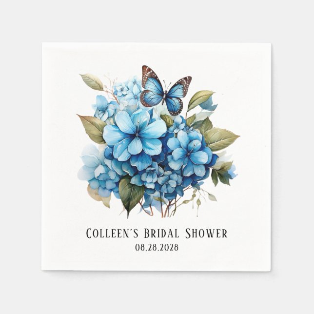 Chic Blue Hydrangea Floral Butterfly Bridal Shower Napkins (Front)