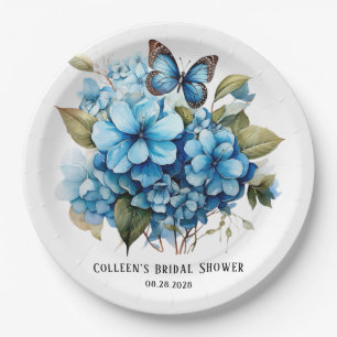Chic Blue Hydrangea Floral Butterfly Bridal Shower Paper Plates