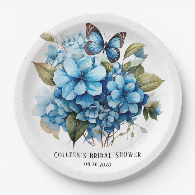 Chic Blue Hydrangea Floral Butterfly Bridal Shower Paper Plates (Front)