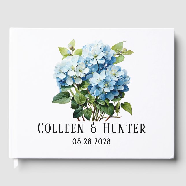 Chic Blue Hydrangea Floral Wedding Guest Book (Front)