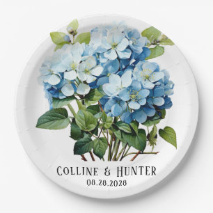 Chic Blue Hydrangea Floral Wedding Paper Plates