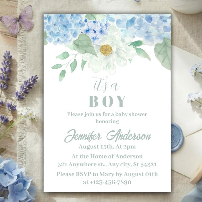 Chic Blue Hydrangea It's A Boy Baby Shower Invitation (Creator Uploaded)