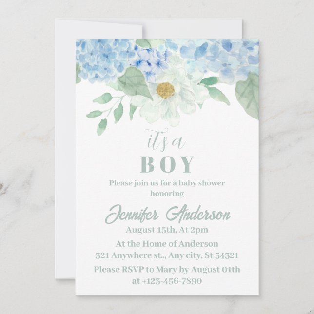 Chic Blue Hydrangea It's A Boy Baby Shower Invitation (Front)
