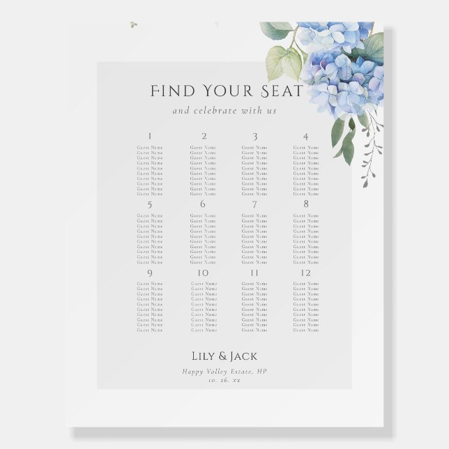 Chic Blue Hydrangea Wedding Seating Chart 12 Foam Board (Front)