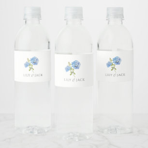 Chic Blue Hydrangea Wedding Water Bottle Label