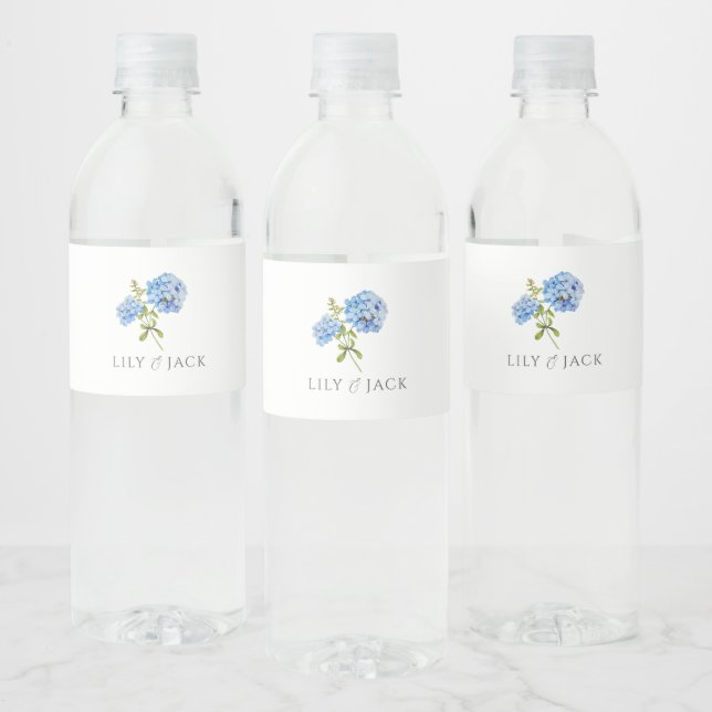 Chic Blue Hydrangea Wedding Water Bottle Label (Bottles)