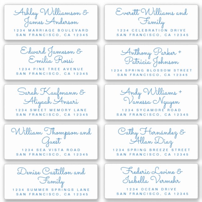 Chic Blue Ink Calligraphy Guest Address Labels (Front)